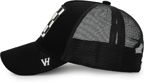 Vintage Havana Trucker Hat for Women – Black Mesh & Canvas Adjustable Cap With Checkered Patch & Washed Gold Star