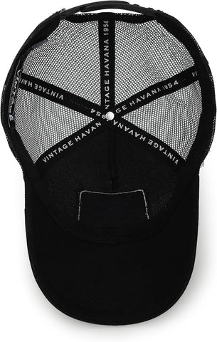 Vintage Havana Trucker Hat for Women – Black Mesh & Canvas Adjustable Cap With Checkered Patch & Washed Gold Star