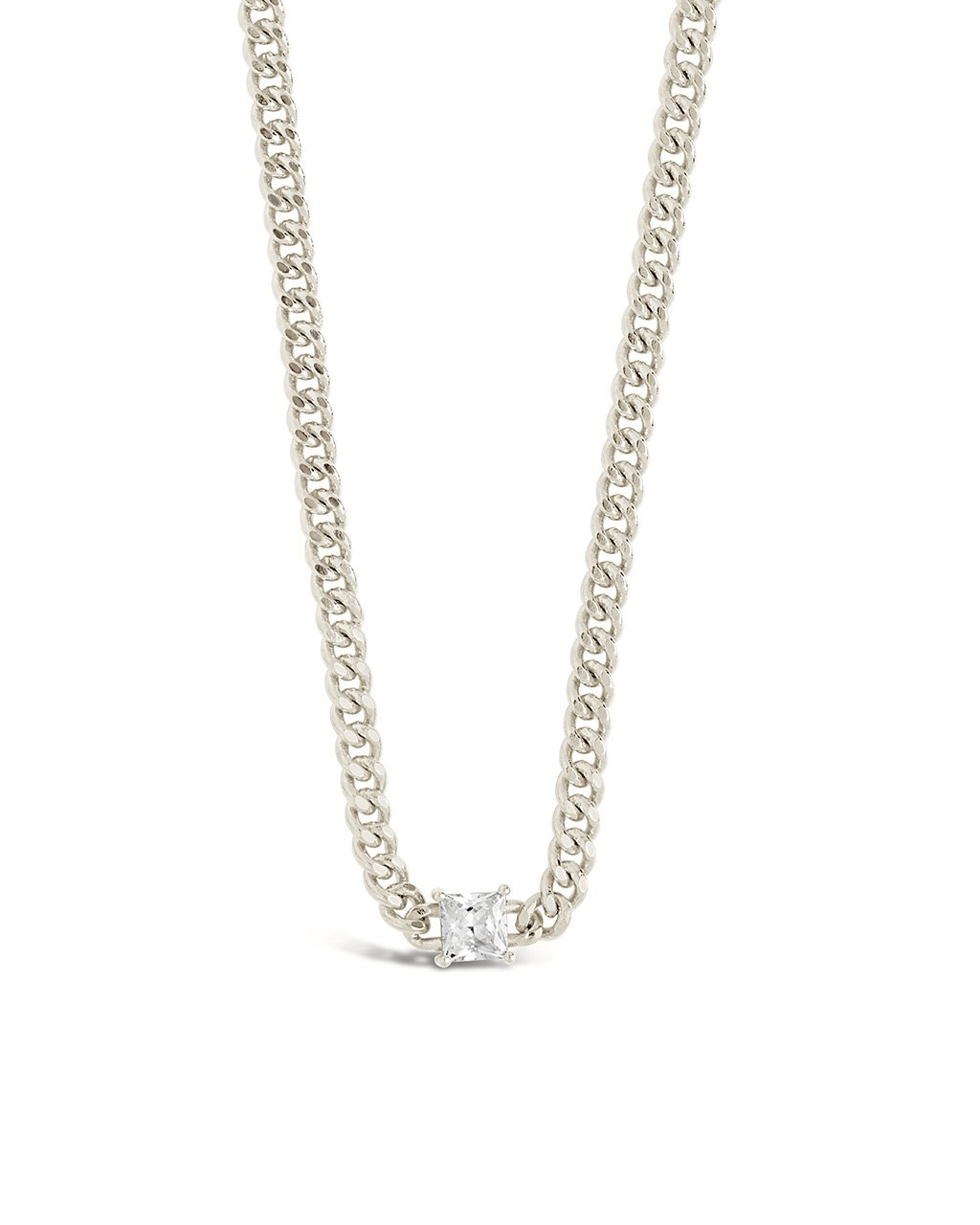  Sterling Forever Chain Necklace with Cubic Zirconia Stone Center - Silver - Bonton