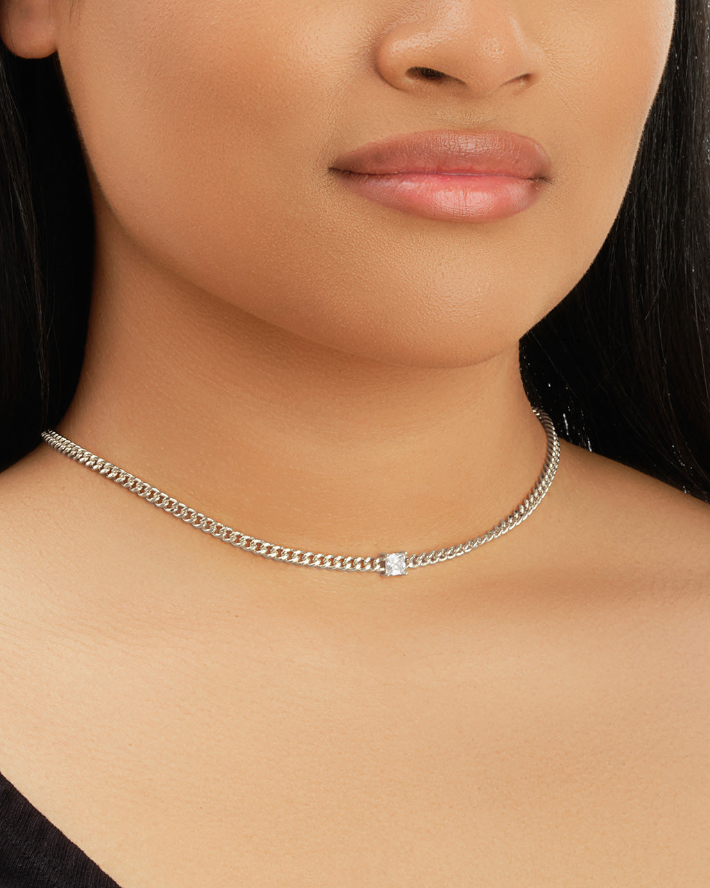  Sterling Forever Chain Necklace with Cubic Zirconia Stone Center - Silver - Bonton