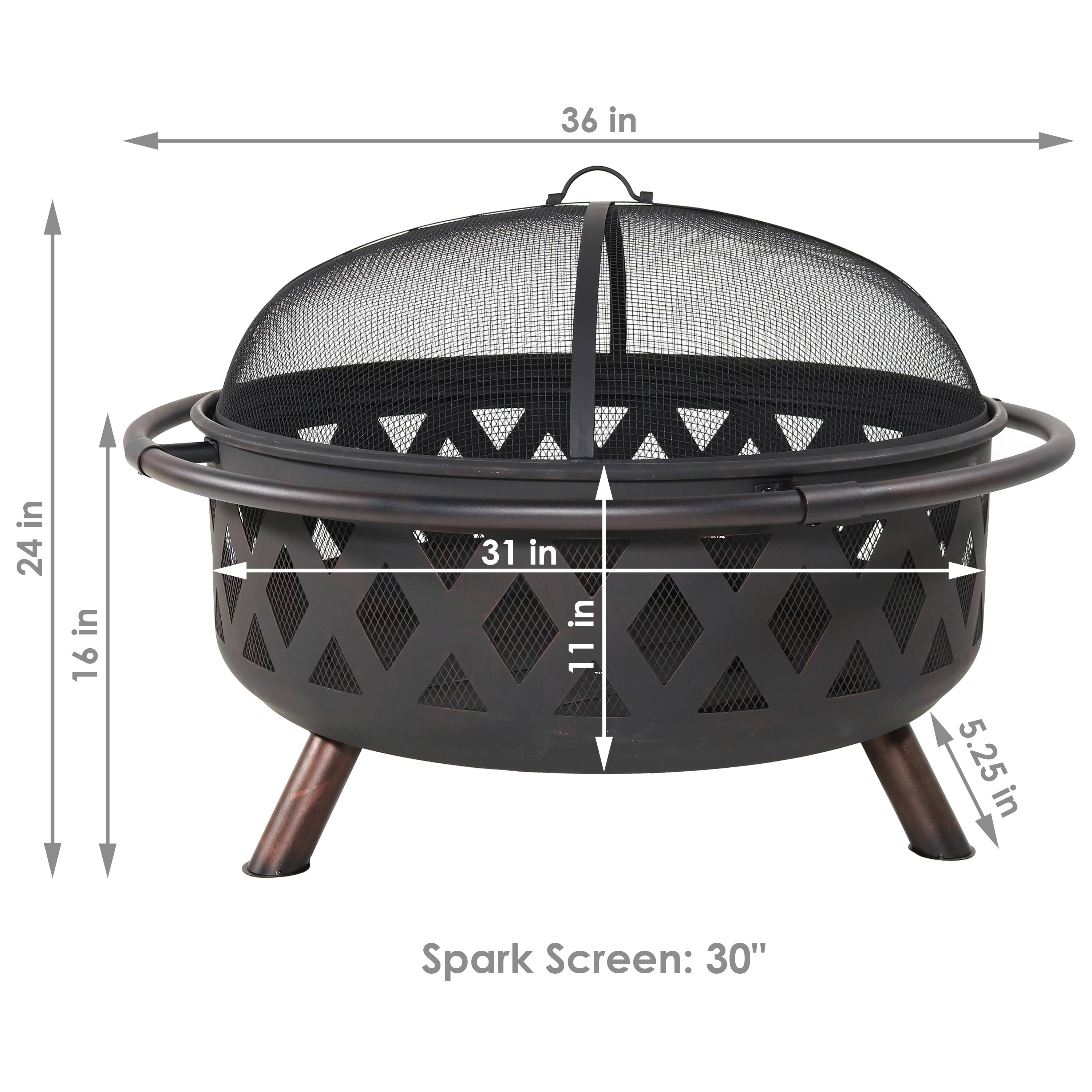  Sunnydaze Decor Camping or Backyard Round Crossweave Cut Out Fire Pit with Spark Screen, Log Poker, and Cover - 36