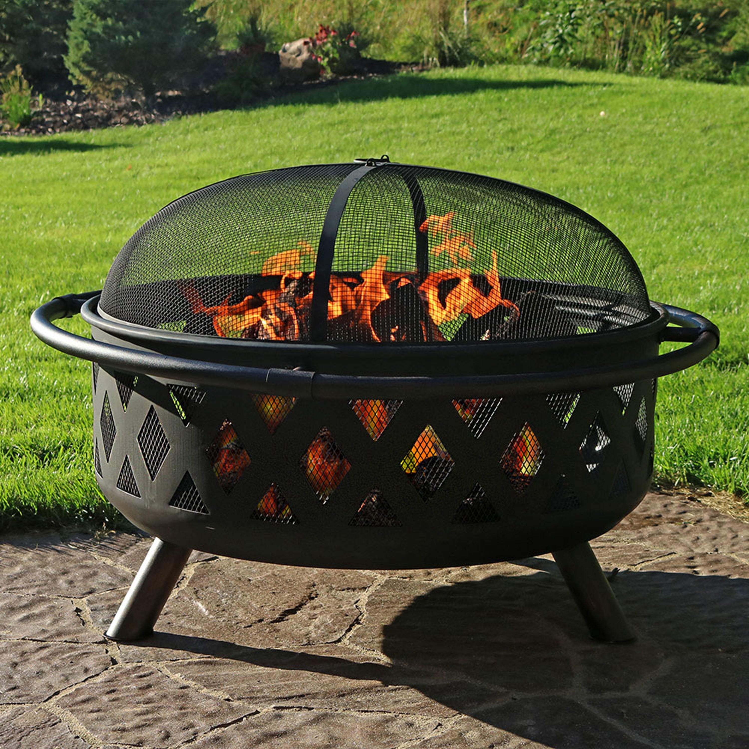  Sunnydaze Decor Camping or Backyard Round Crossweave Cut Out Fire Pit with Spark Screen, Log Poker, and Cover - 36