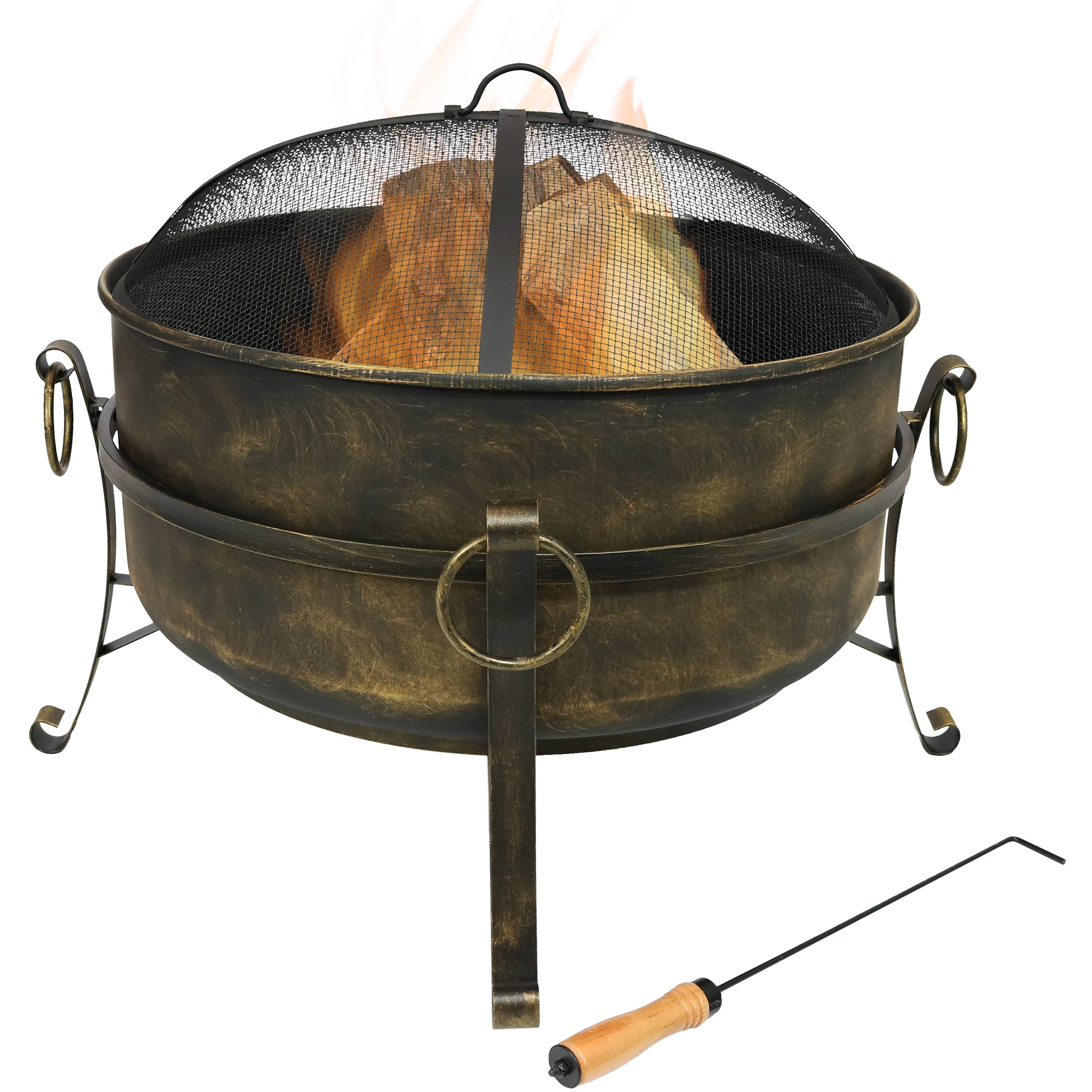  Sunnydaze Decor Camping or Backyard Round Cauldron Fire Pit with Spark Screen, Log Poker, and Metal Wood Grate - Black - Bonton