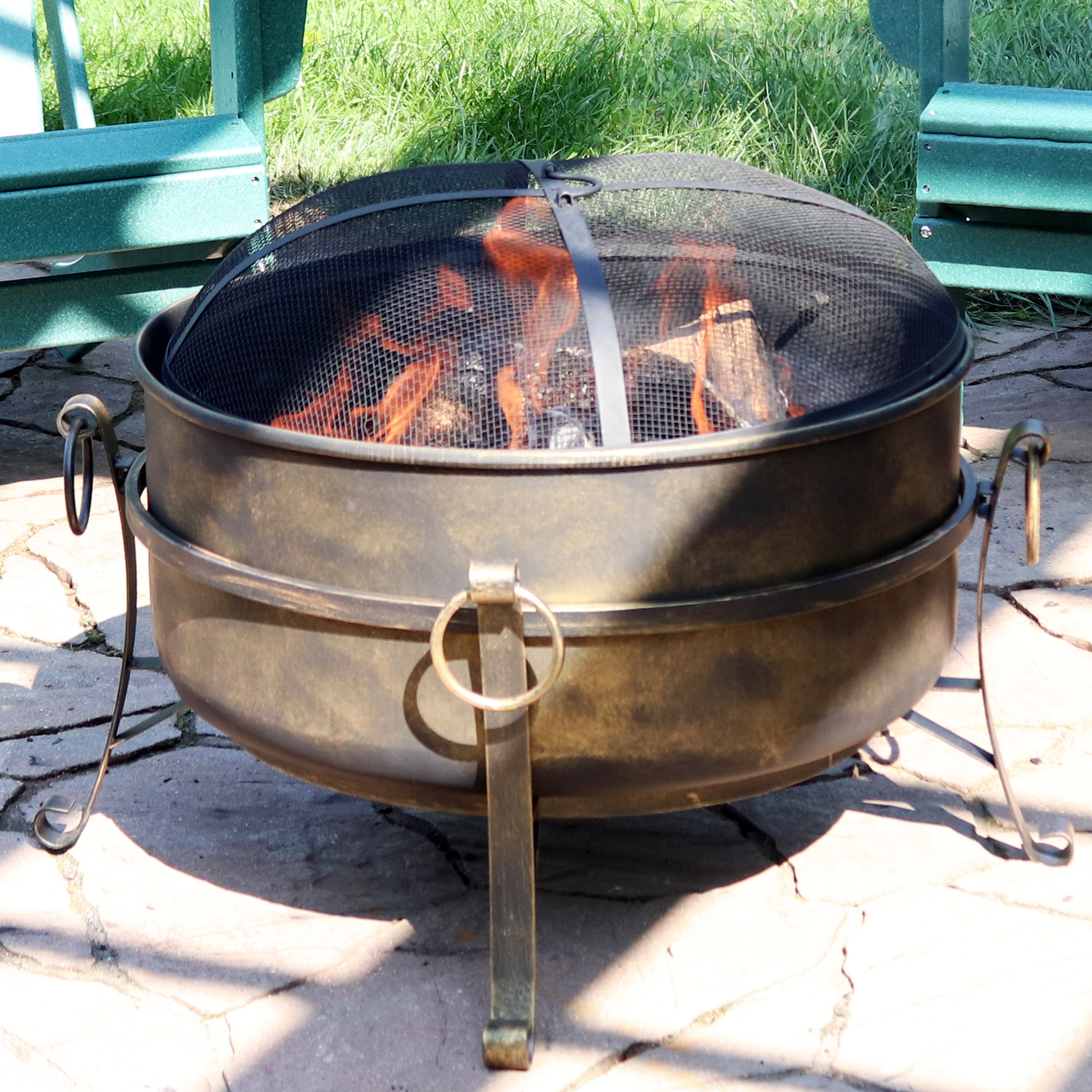  Sunnydaze Decor Camping or Backyard Round Cauldron Fire Pit with Spark Screen, Log Poker, and Metal Wood Grate - Black - Bonton