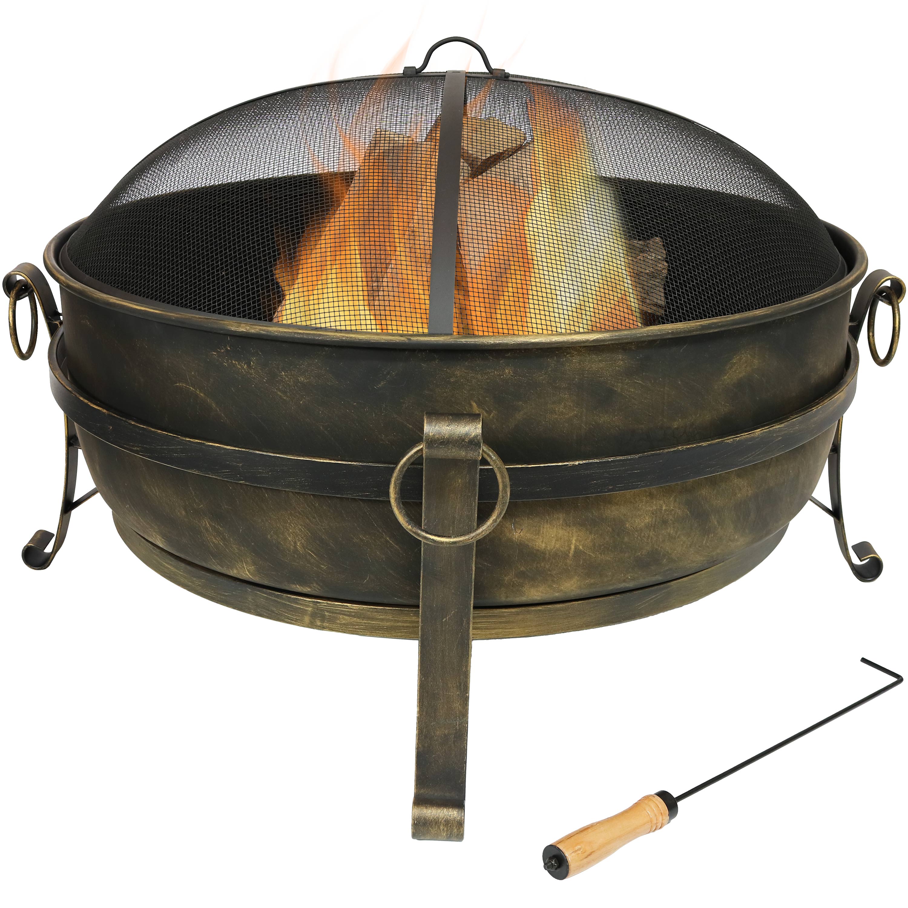  Sunnydaze Decor Camping or Backyard Round Cauldron Fire Pit with Spark Screen, Log Poker, and Metal Wood Grate - Black - Bonton