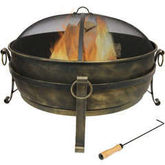 Camping or Backyard Round Cauldron Fire Pit with Spark Screen, Log Poker, and Metal Wood Grate