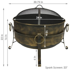 Camping or Backyard Round Cauldron Fire Pit with Spark Screen, Log Poker, and Metal Wood Grate