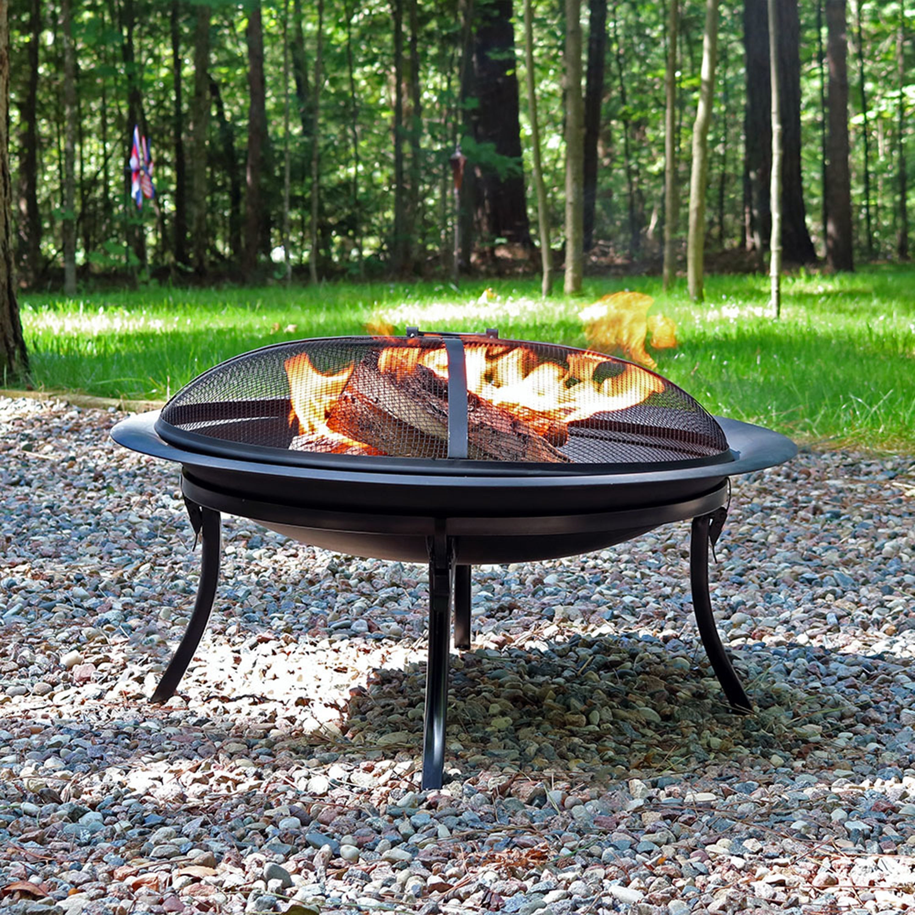  Sunnydaze Decor Portable Camping or Backyard Folding Round Fire Pit Bowl with Spark Screen, Log Poker, Folding Stand, and Carrying Case Cover - 29