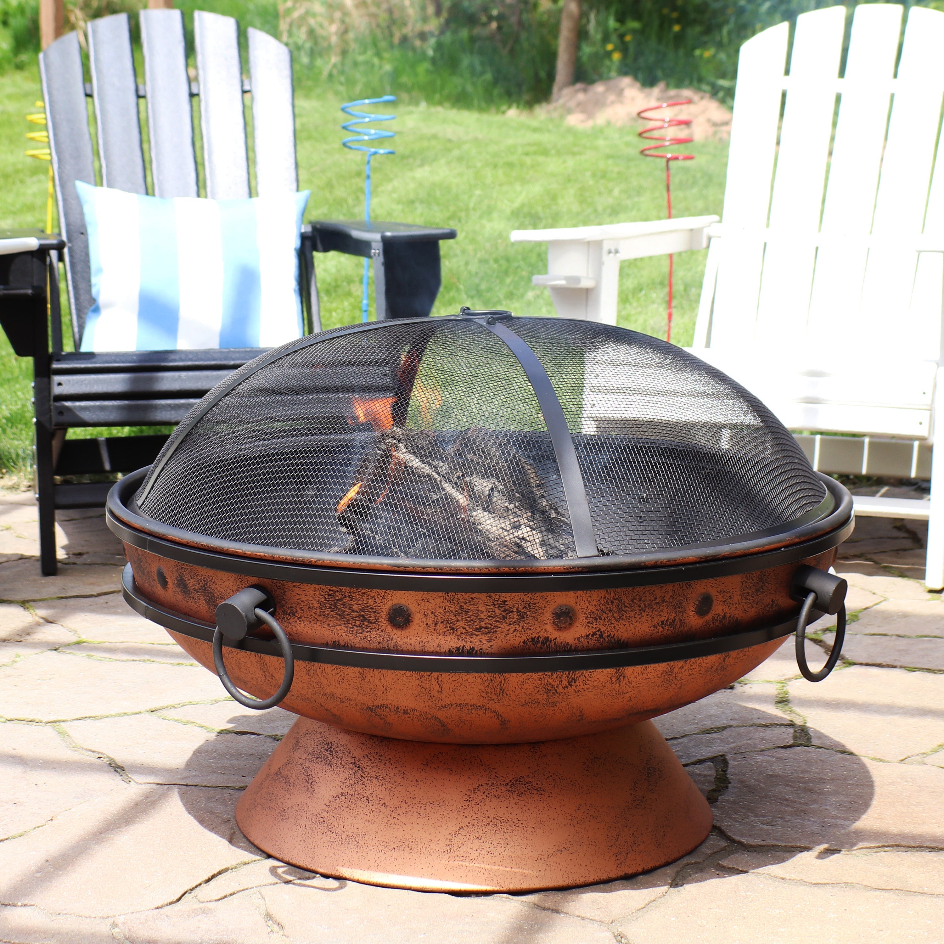  Sunnydaze Decor Camping or Backyard Large Round Fire Pit Bowl with Handles and Spark Screen - 30