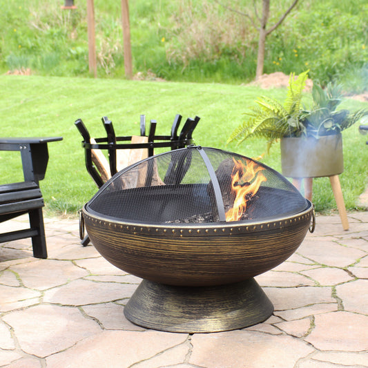 Camping or Backyard Large Fire Pit Bowl with Spark Screen, Log Poker, and Metal Wood Grate - 30" - Bronze