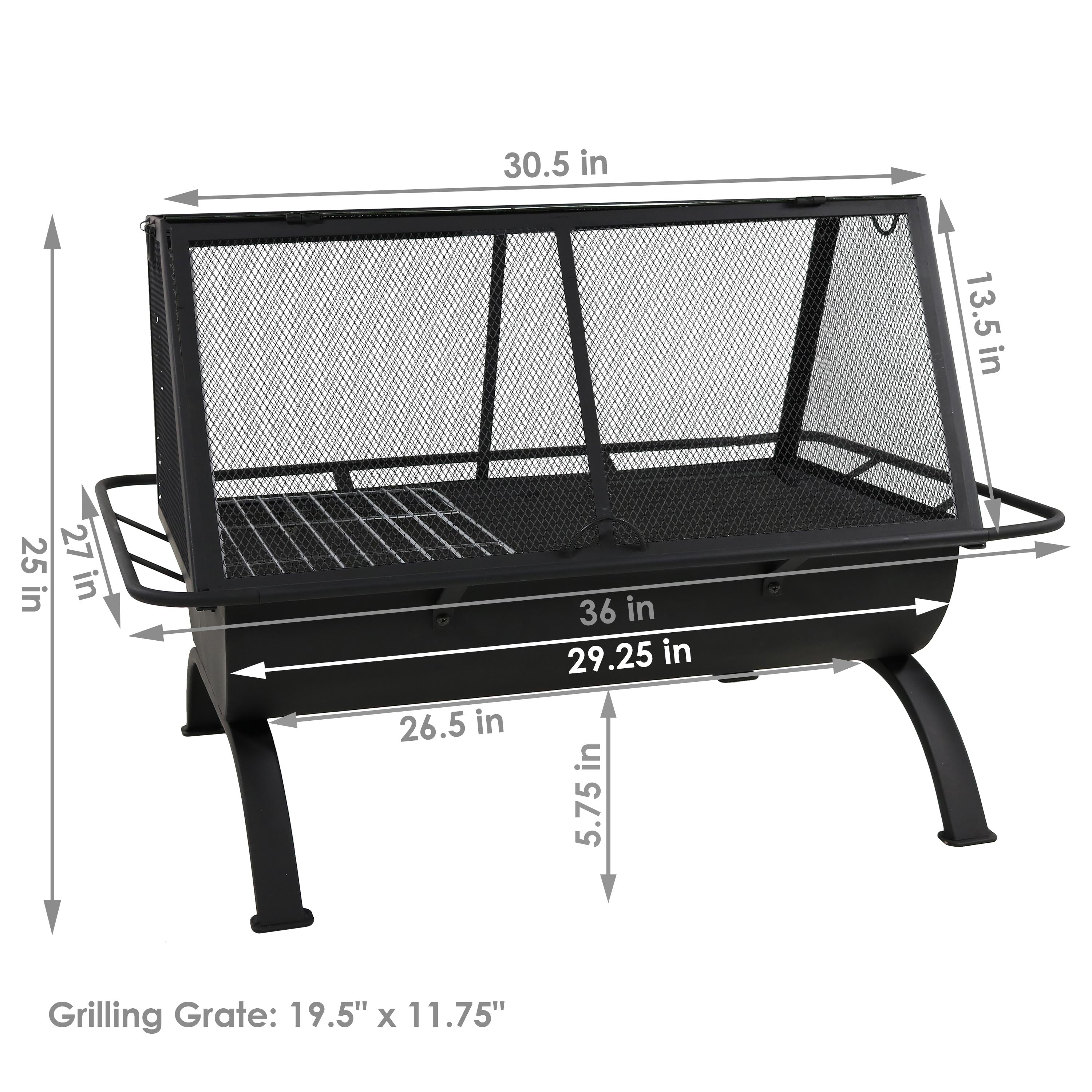  Sunnydaze Decor Camping or Backyard Rectangular Northland Fire Pit with Cooking Grill Grate, Spark Screen, Log Poker, and Fire Pit Cover - 36