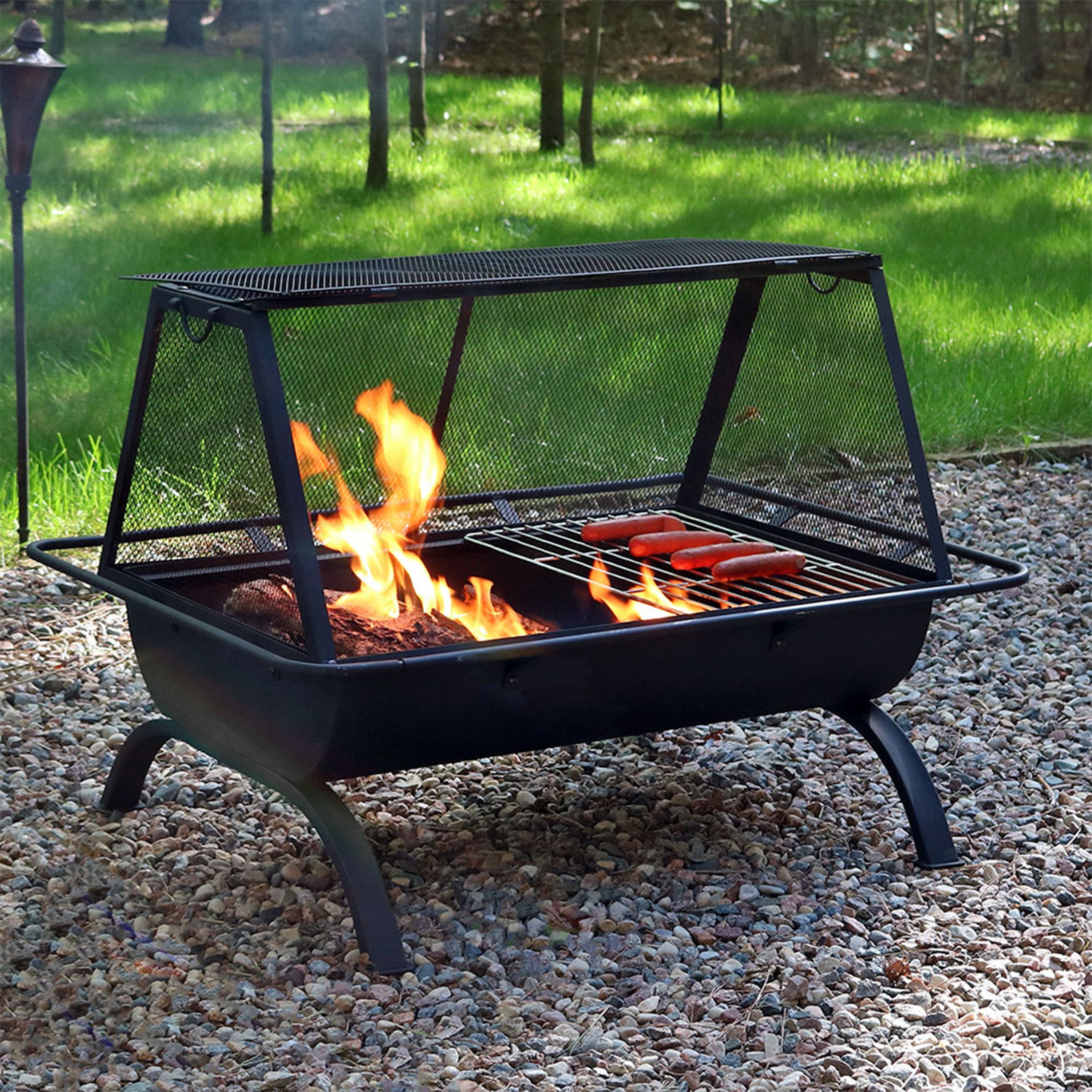  Sunnydaze Decor Camping or Backyard Rectangular Northland Fire Pit with Cooking Grill Grate, Spark Screen, Log Poker, and Fire Pit Cover - 36