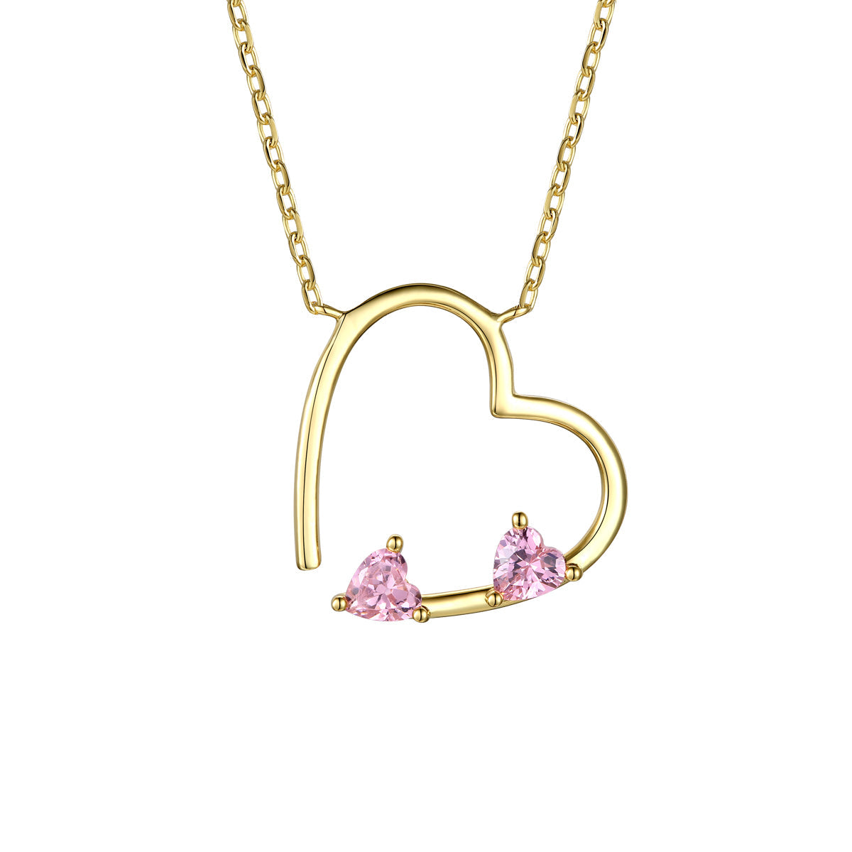  Genevive 14k Gold Plated Sterling Silver With Pink Cubic Zirconia Open Heart Layering Necklace - Pink - Bonton