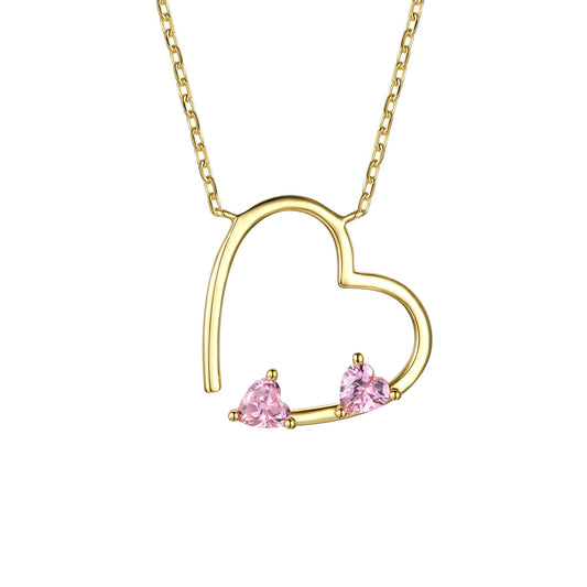 14k Gold Plated Sterling Silver With Pink Cubic Zirconia Open Heart Layering Necklace