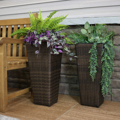 Modern Decorative Standing Square Polyrattan Planter Containers - Brown - 2-Pack