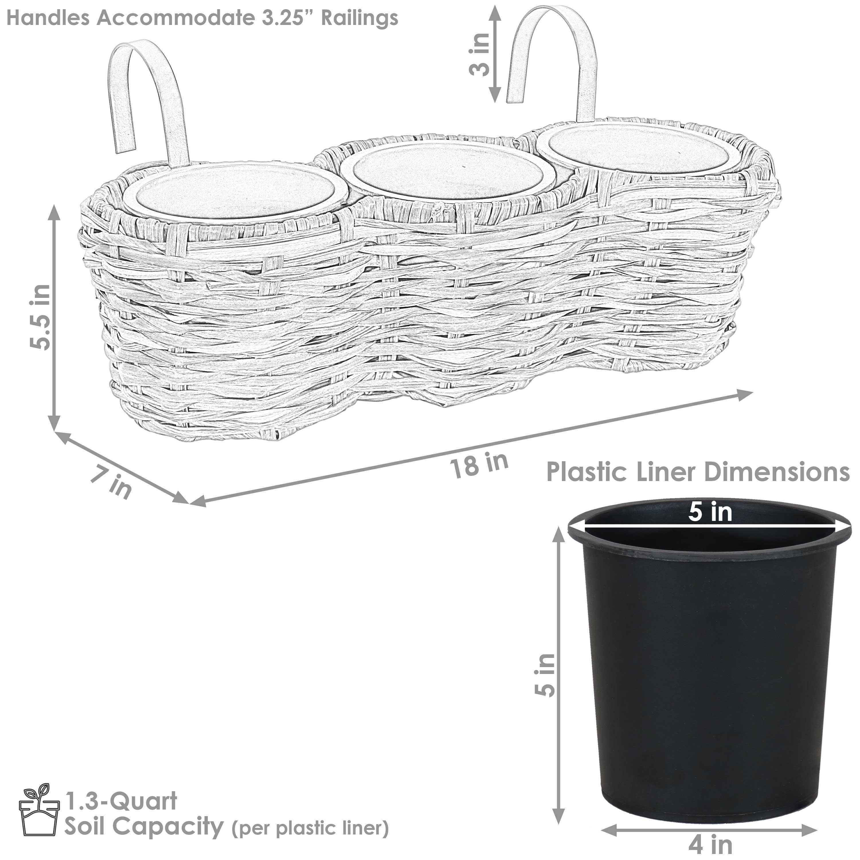  Sunnydaze Decor Over-the-Rail Tri-Planter with Liners - Frost - Bonton