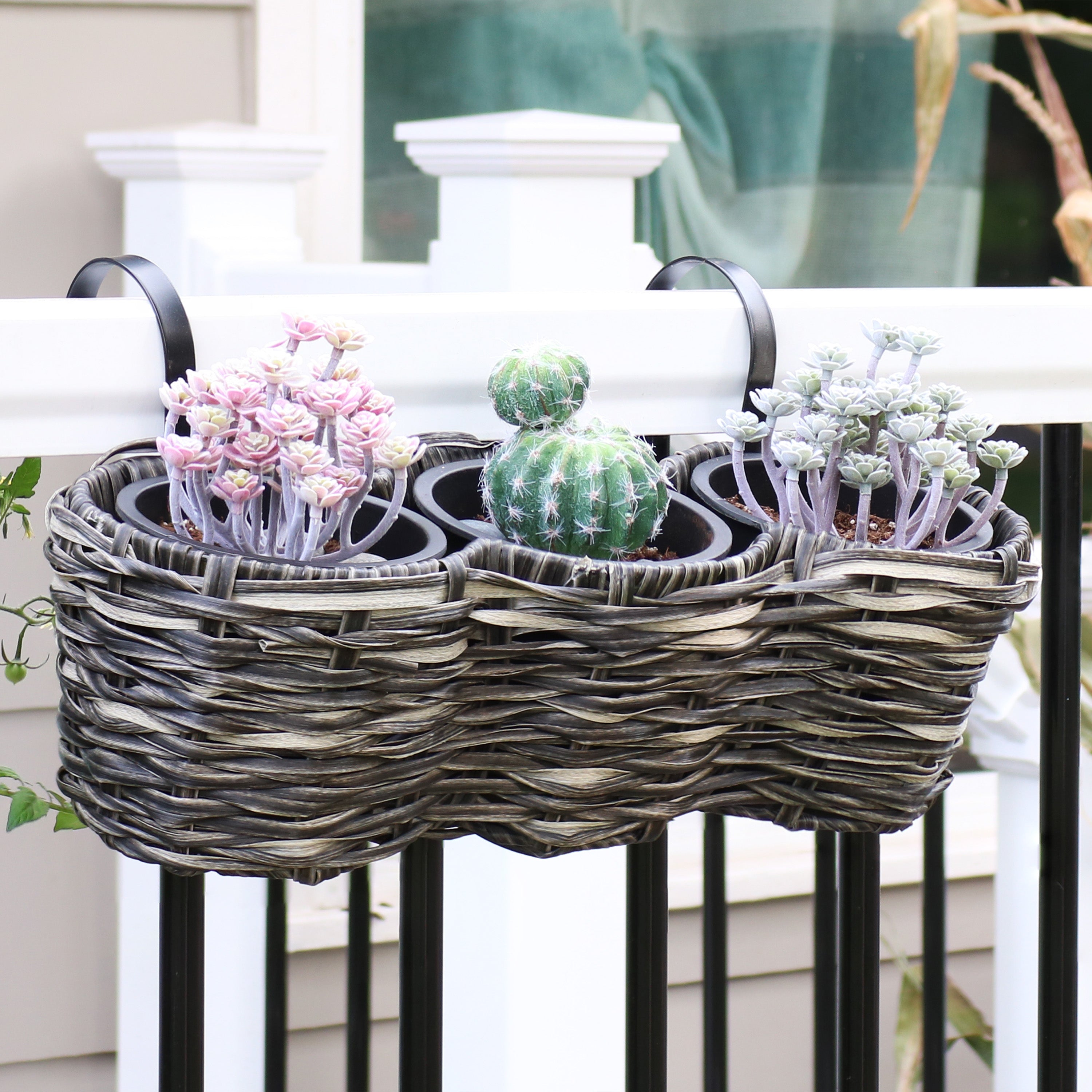  Sunnydaze Decor Over-the-Rail Tri-Planter with Liners - Frost - Bonton