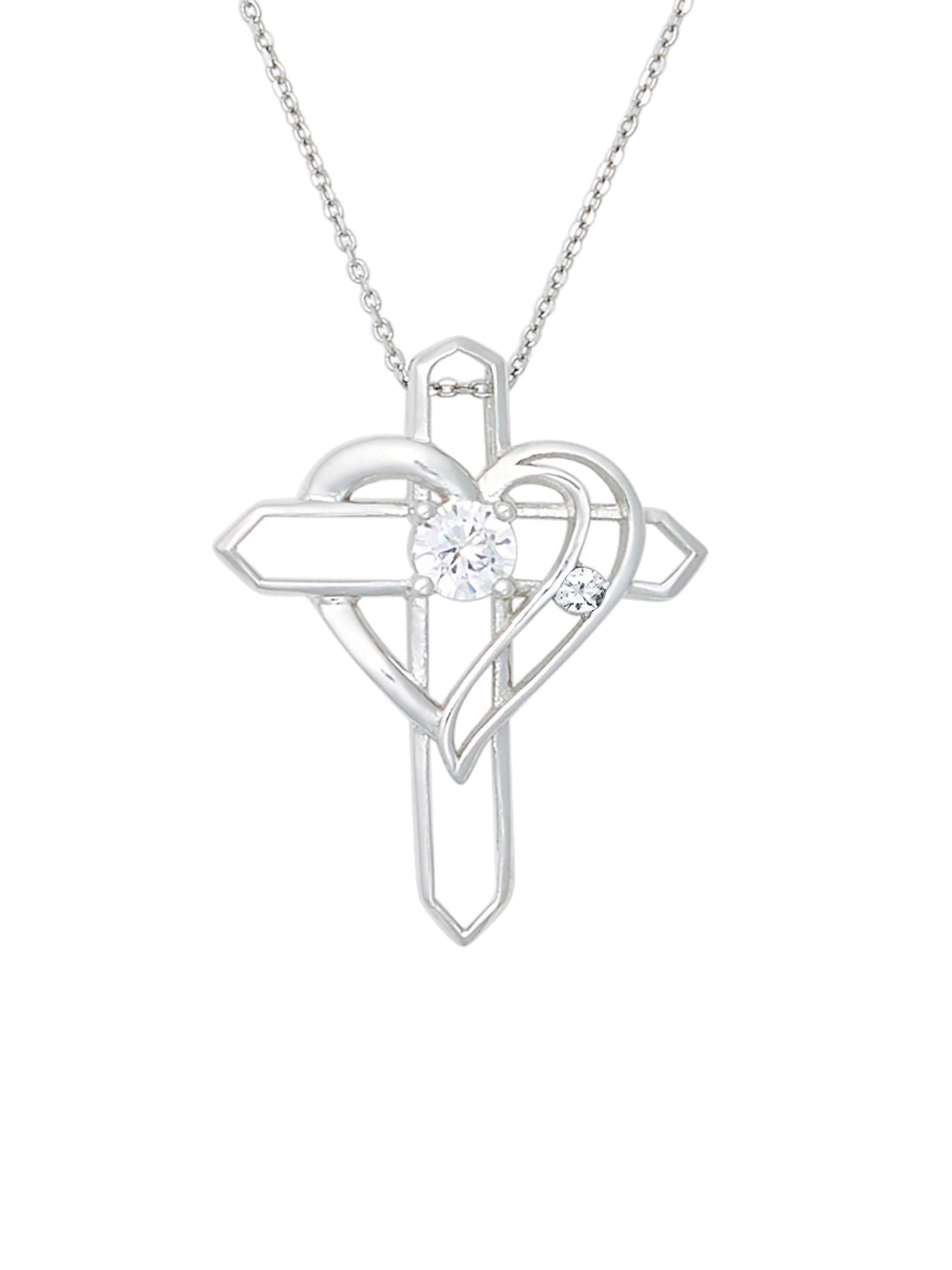  Relativity Silver Heart Cross w/ Birthstone Necklace - Clear - Bonton