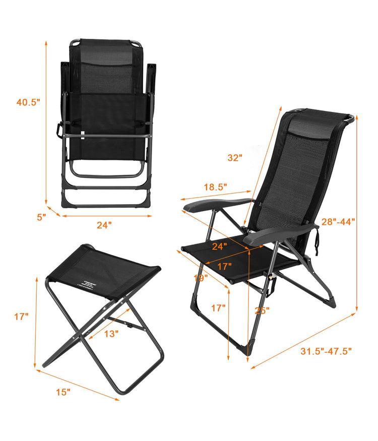 Patio Folding Dining Chair & Ottoman Set With Adjustable Back (4-Piece) Black