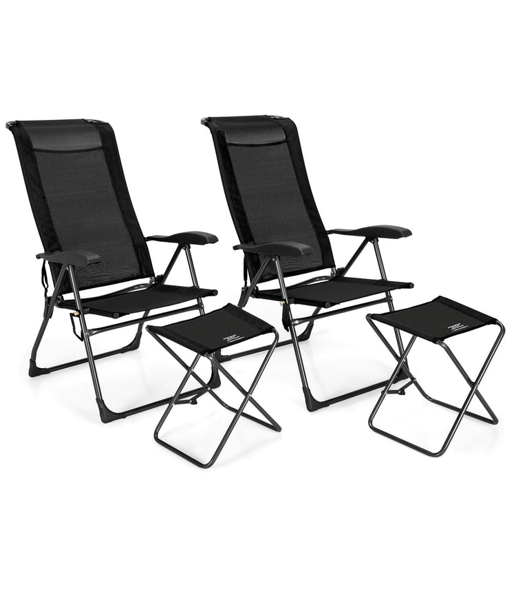 Patio Folding Dining Chair & Ottoman Set With Adjustable Back (4-Piece) Black