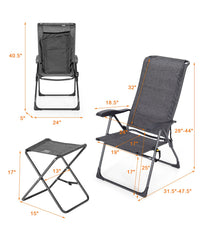 Patio Folding Dining Chair & Ottoman Set With Adjustable Back (4-Piece) Gray