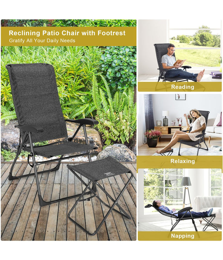 Patio Folding Dining Chair & Ottoman Set With Adjustable Back (4-Piece) Gray