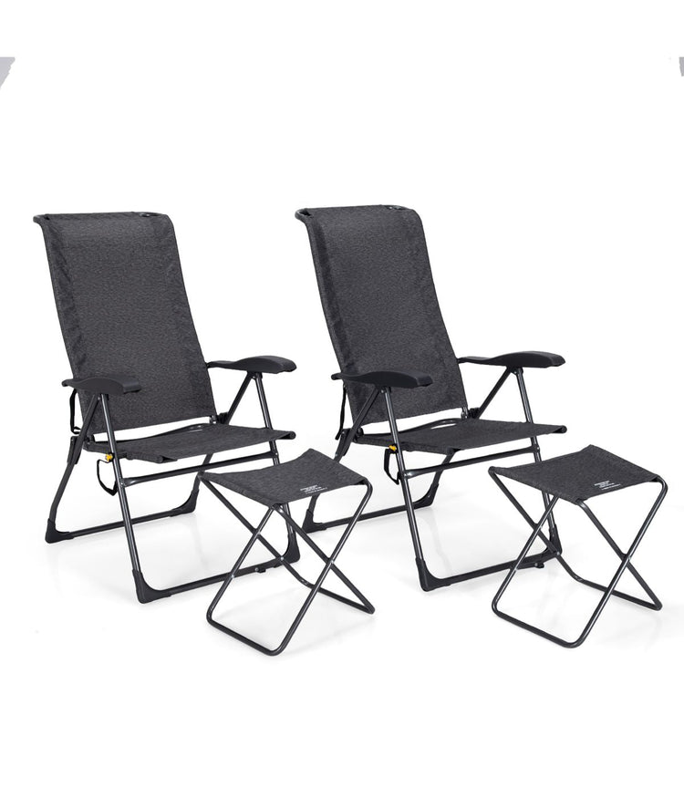 Patio Folding Dining Chair & Ottoman Set With Adjustable Back (4-Piece) Gray