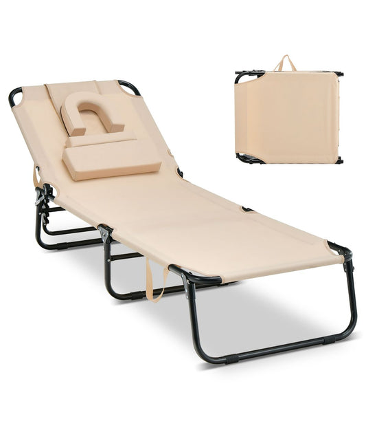 Folding Chaise Lounge Adjustable Chair For Patio Beach Camping Recliner Beige