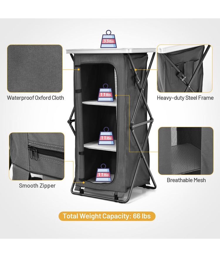 Folding Pop-Up Cupboard Compact Camping Storage Cabinet With Bag Gray