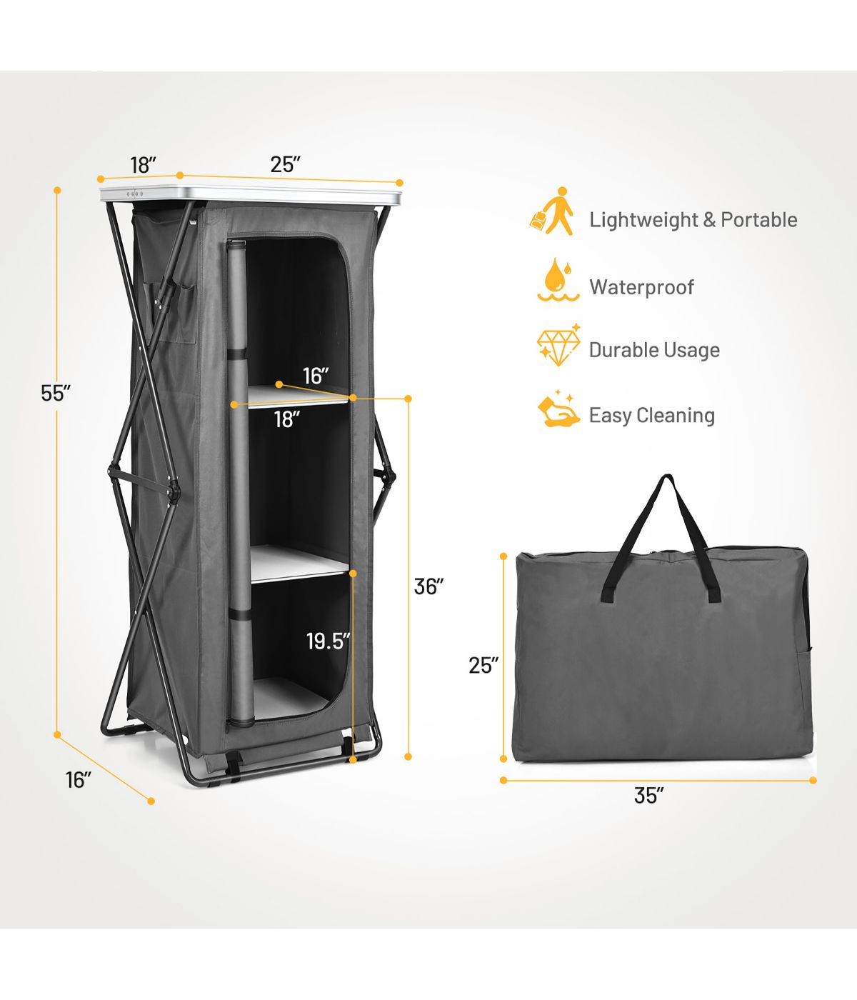 Folding Pop-Up Cupboard Compact Camping Storage Cabinet With Bag Gray
