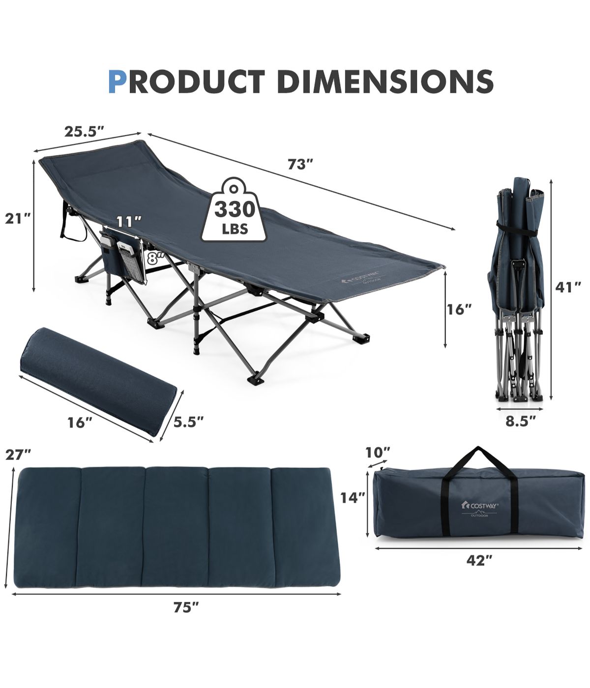 Folding Retractable Travel Camping Cot With Removable Mattress & Carry Bag Blue