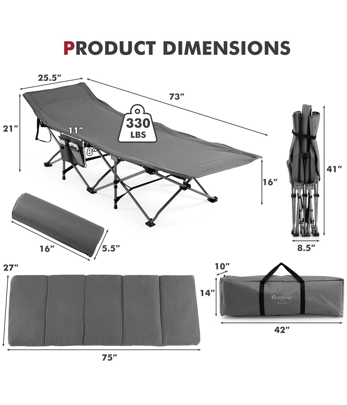  Folding Retractable Travel Camping Cot With Removable Mattress & Carry Bag Grey - Grey - Bonton