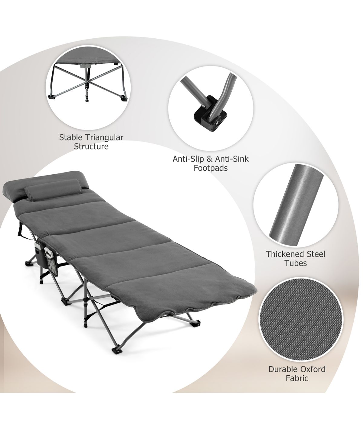  Folding Retractable Travel Camping Cot With Removable Mattress & Carry Bag Grey - Grey - Bonton