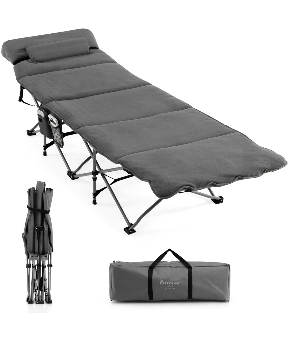  Folding Retractable Travel Camping Cot With Removable Mattress & Carry Bag Grey - Grey - Bonton