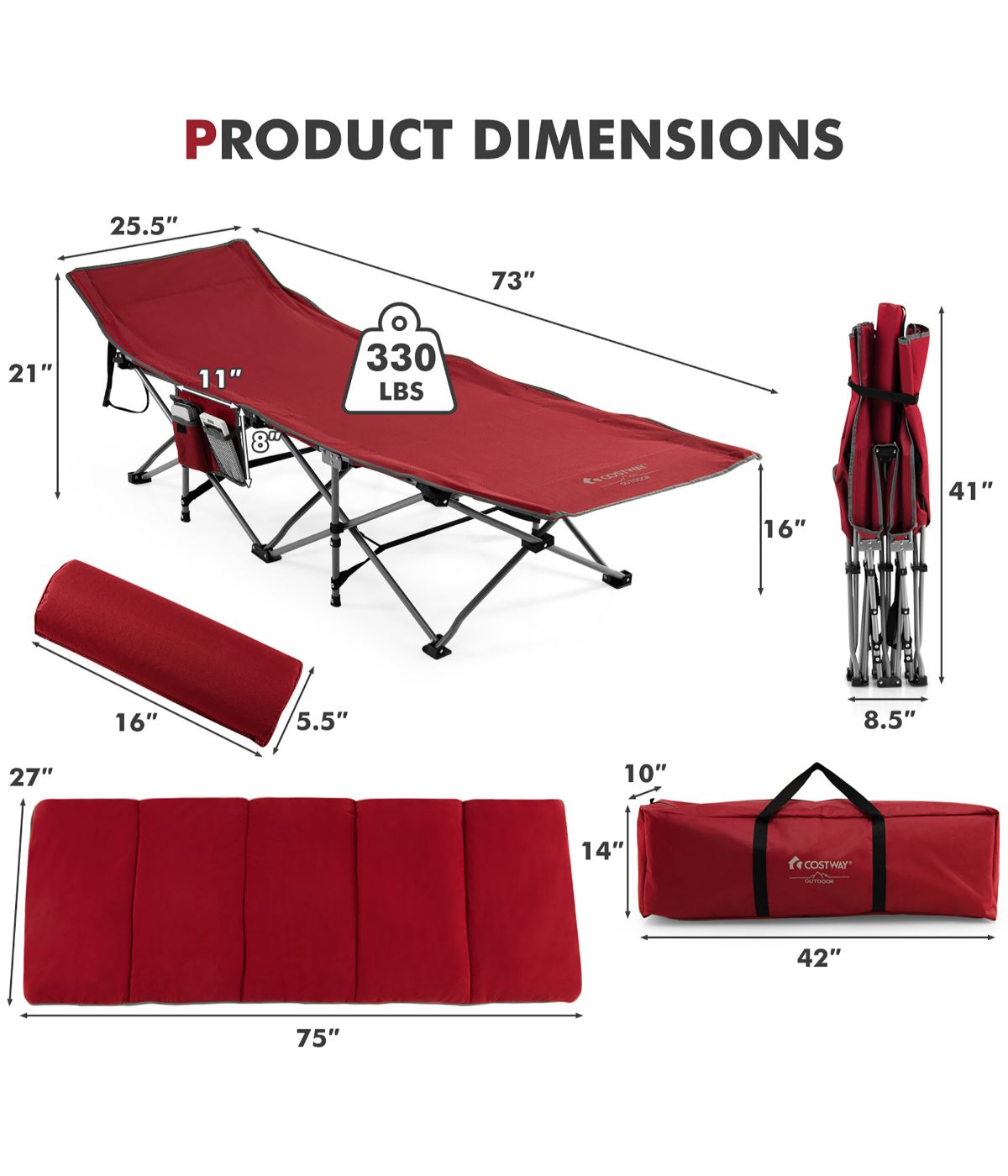 Folding Retractable Travel Camping Cot With Removable Mattress & Carry Bag Red