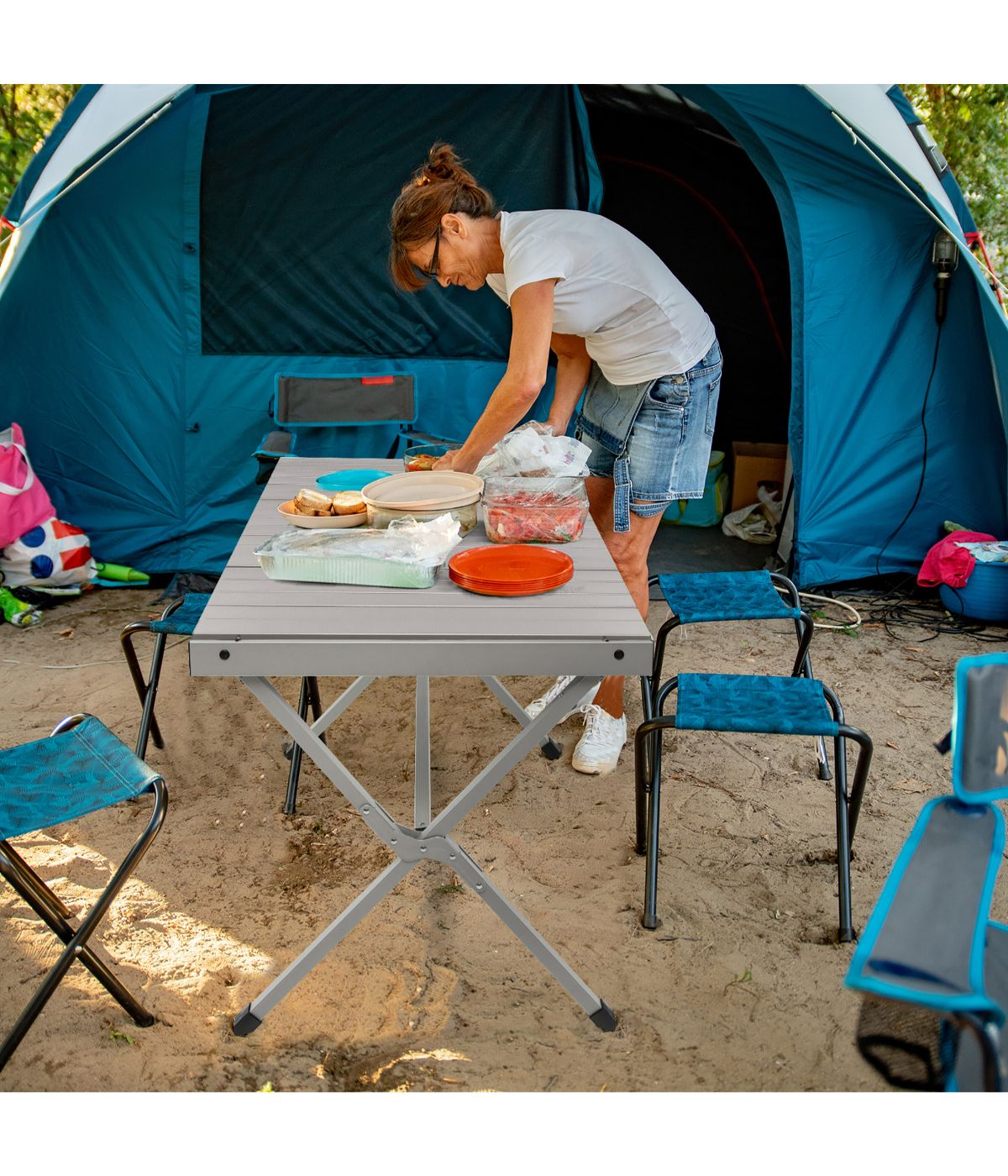 Portable Aluminum Camping Roll Up Table (4-6 Person) Gray