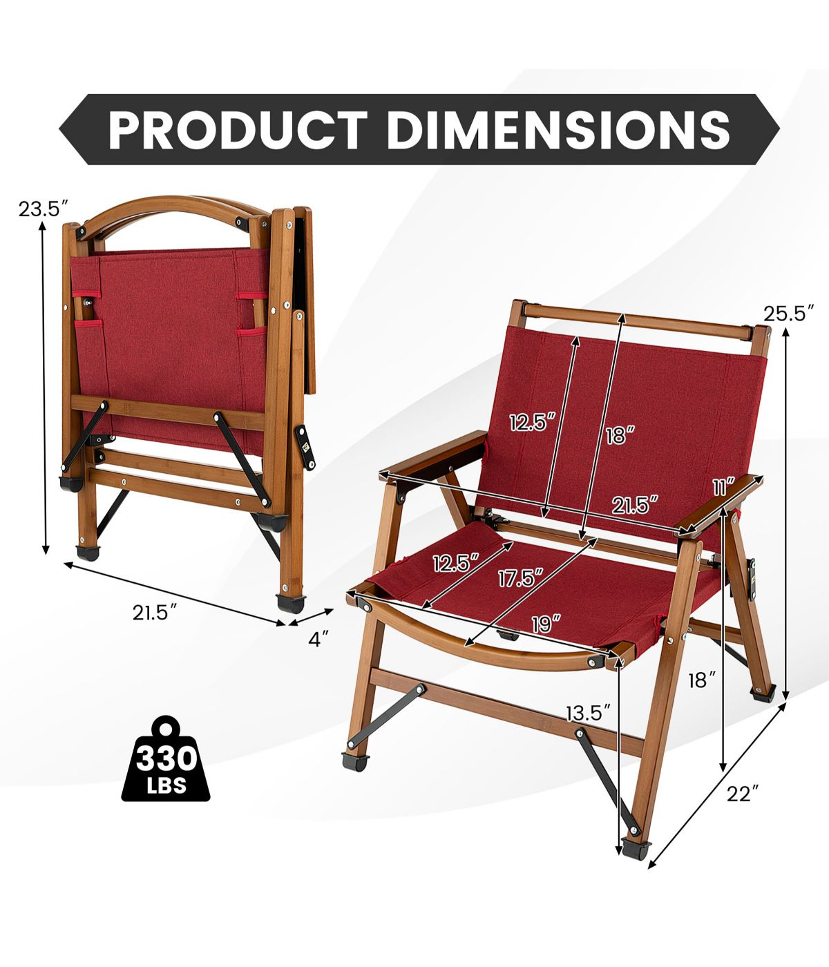  Patio Folding Camping Portable Beach Chair With Bamboo Frame Set of 2 Red - Red - Bonton