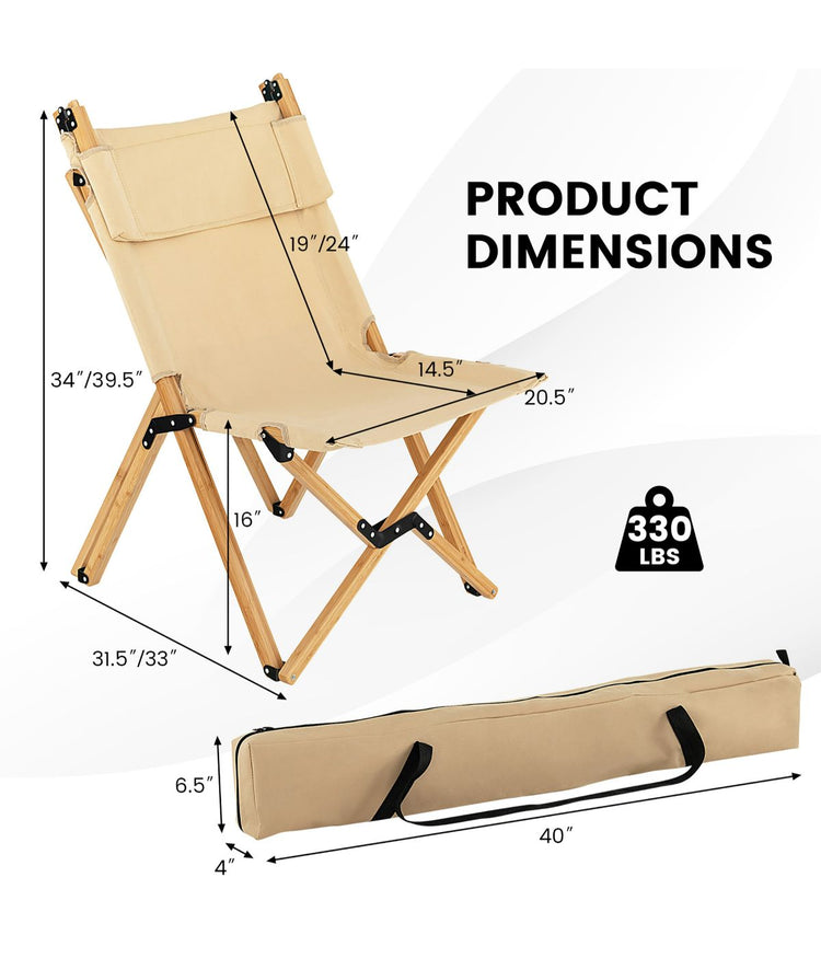 Patio Folding Portable Camping Chair Bamboo Adjust Backrest With Carry Bag Natural