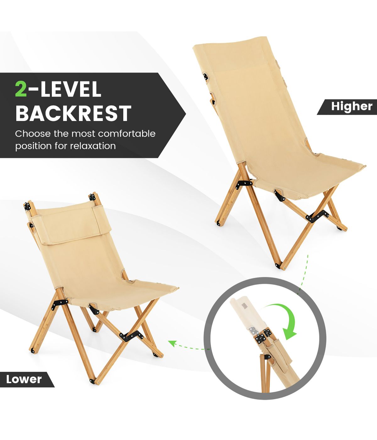  Patio Folding Camping Portable Chair Bamboo With Bag Set of 2 Natural - Natural - Bonton