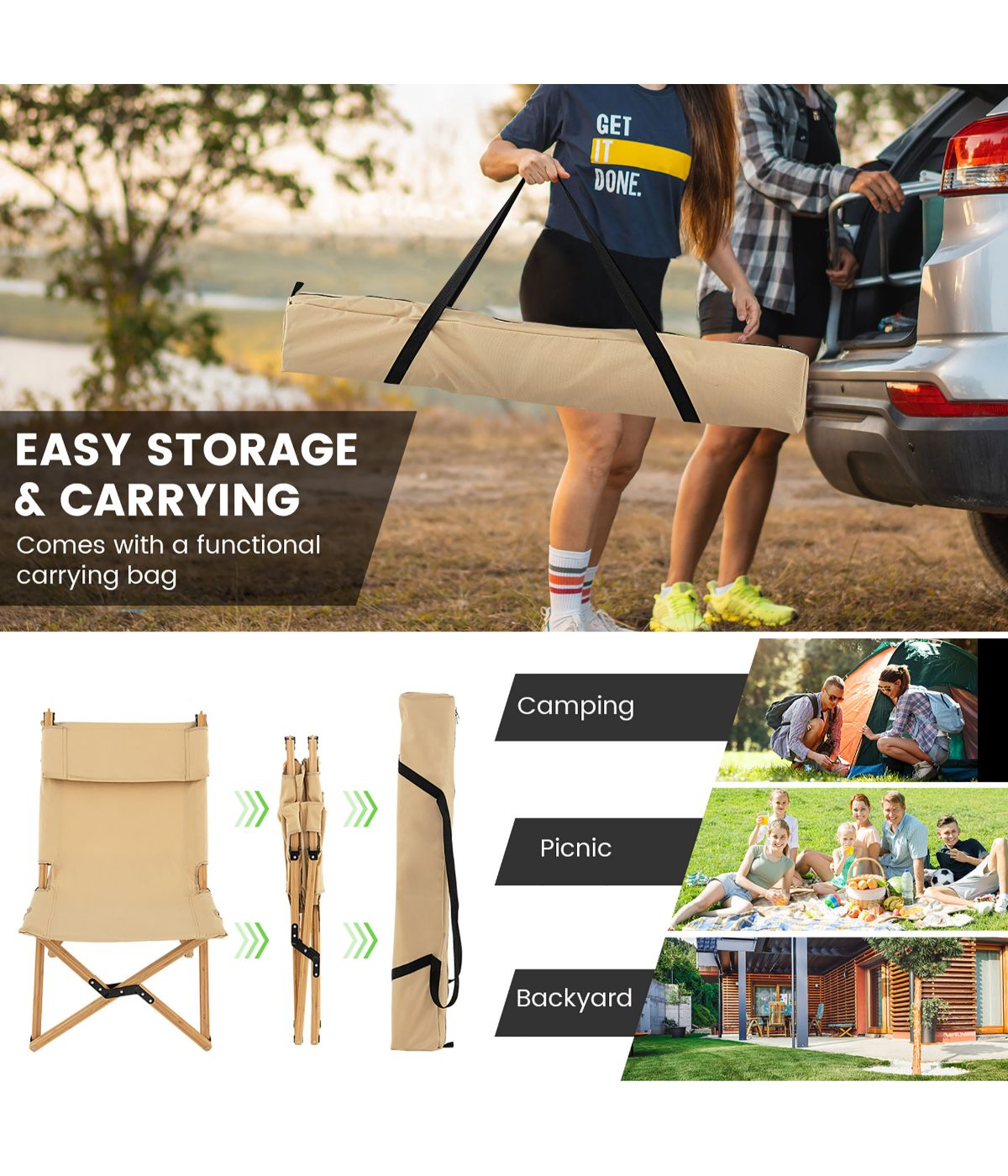  Patio Folding Camping Portable Chair Bamboo With Bag Set of 2 Natural - Natural - Bonton