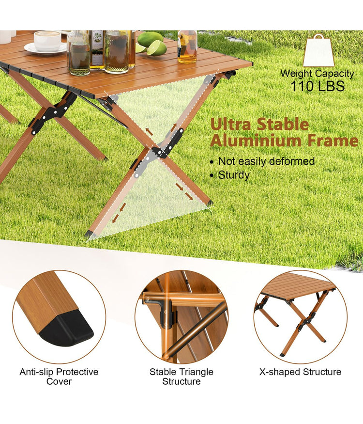 Folding Aluminum Roll-Up Camping Table & Carry Bag With Wood Grain Natural