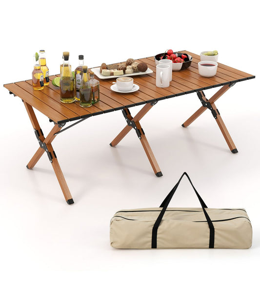 Folding Aluminum Roll-Up Camping Table & Carry Bag With Wood Grain Natural