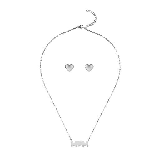  Gemesis Jewels by Edforce MOM Pendant Necklace and Heart Stud Earrings Set - Silver - Bonton