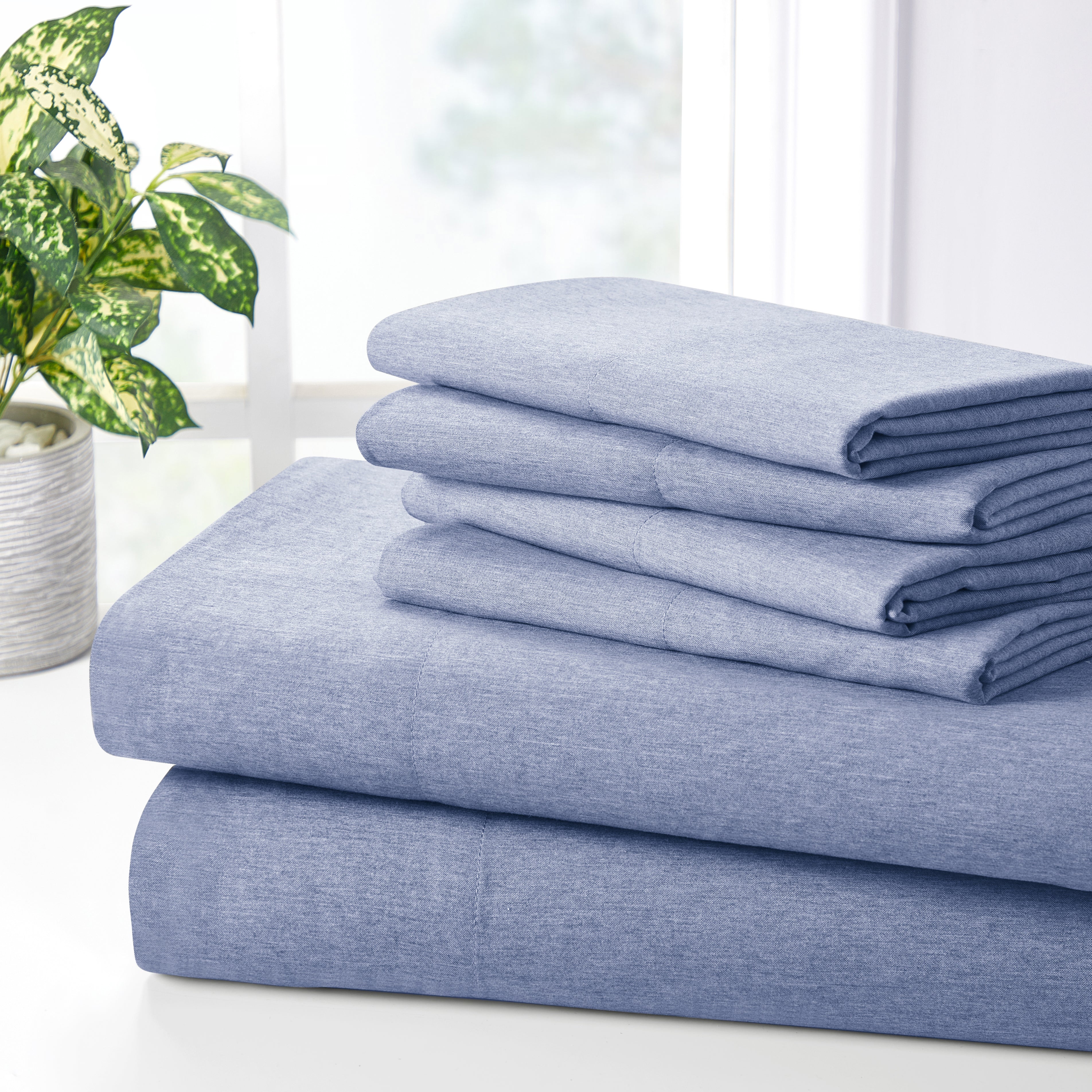  Bed Bath Fashions Bamboo 2000 Thread Count 6-Piece Chambray Sheet Set With SnugGrip - Twin - Bonton