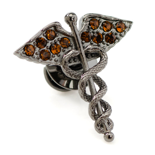 Caduceus Pave Gunmetal Lapel Pin