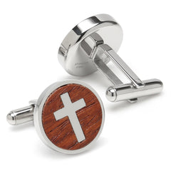 Cross Round Wood Stainless Steel Cufflinks