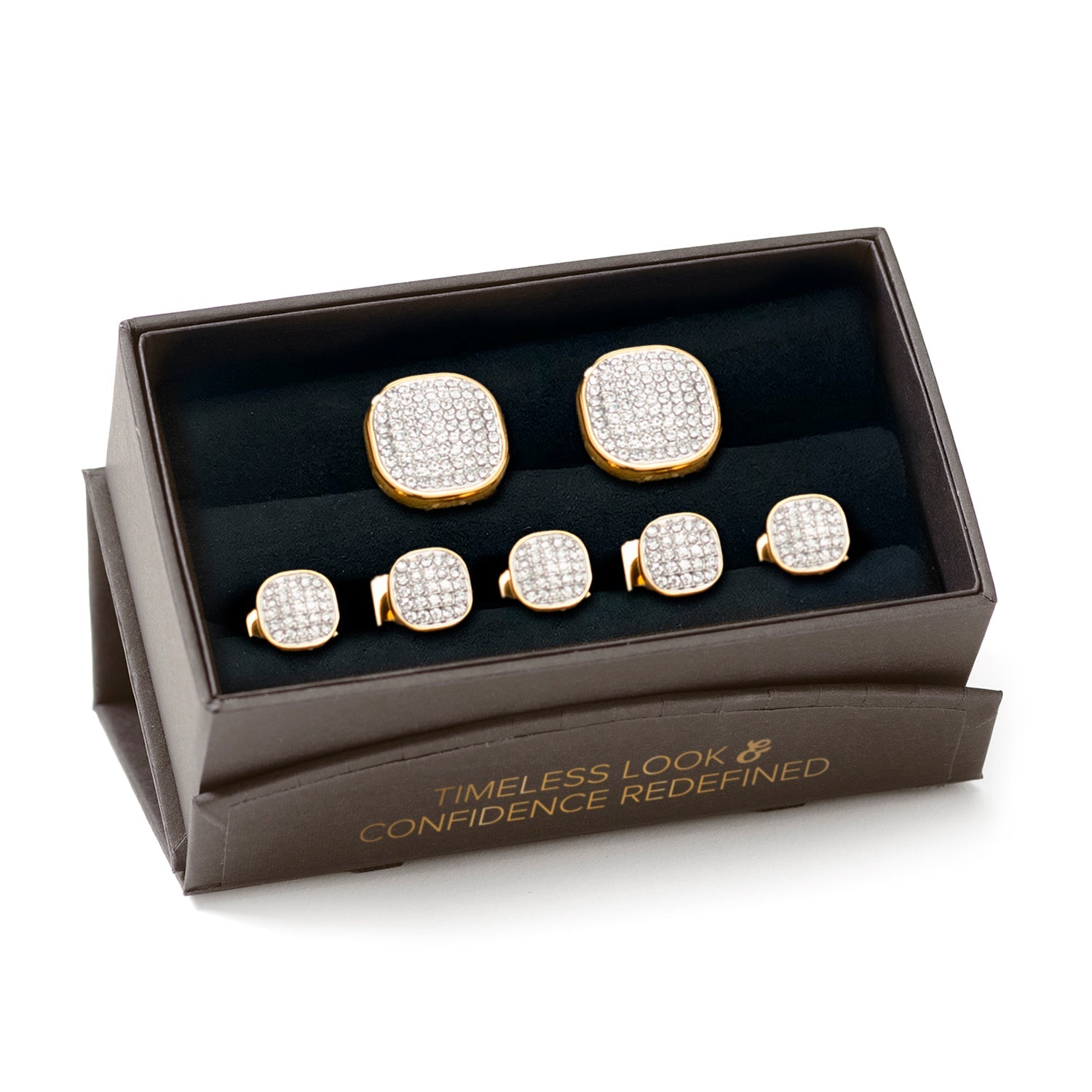  Cufflinks Gold Stainless Steel White Pave Crystal 5-Stud Set - Default Title - Bonton