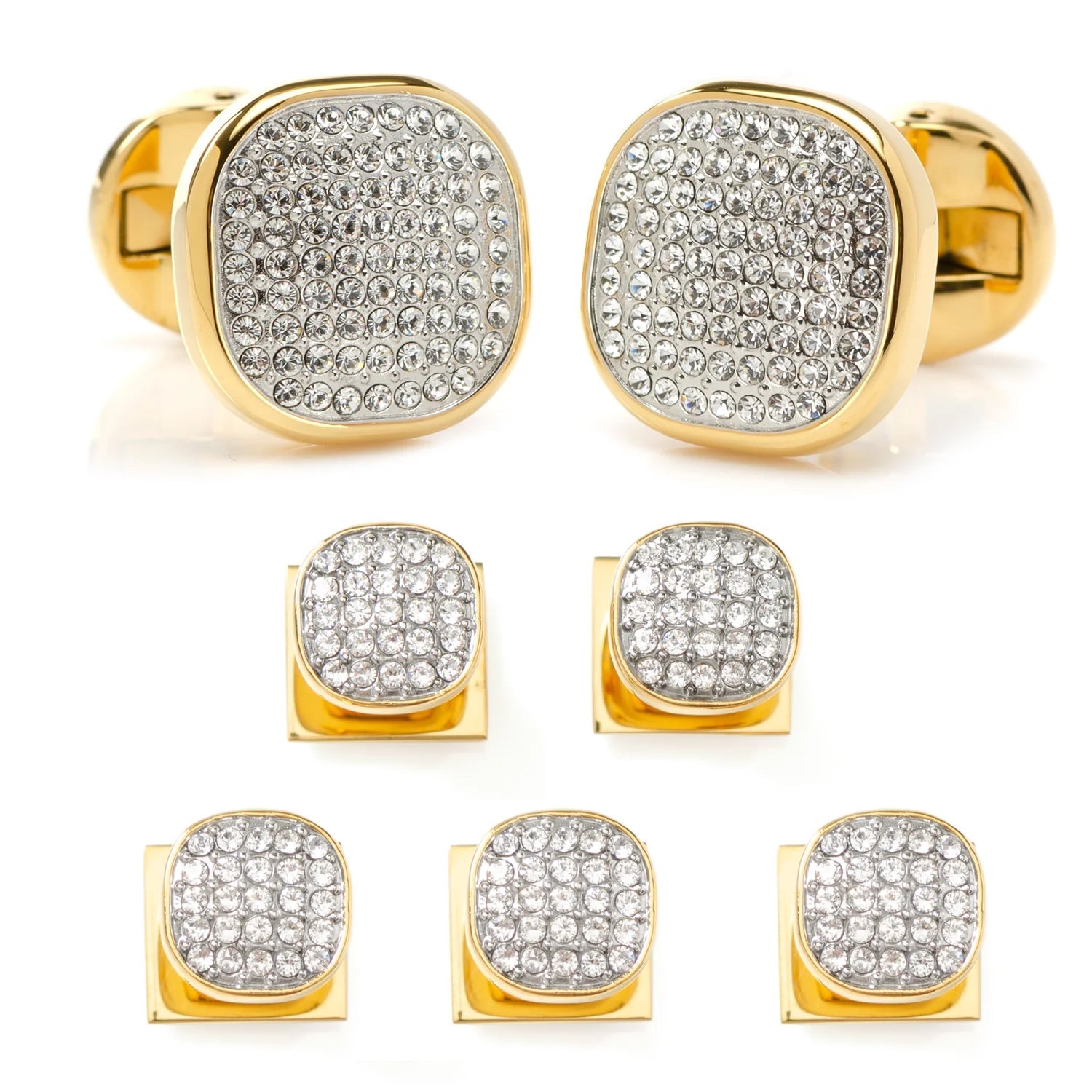  Cufflinks Gold Stainless Steel White Pave Crystal 5-Stud Set - Default Title - Bonton