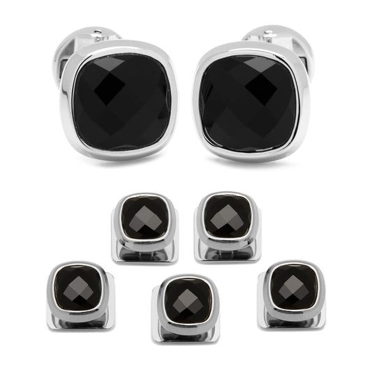 Faceted Onyx Cushion Stainless Steel 5-Stud Set