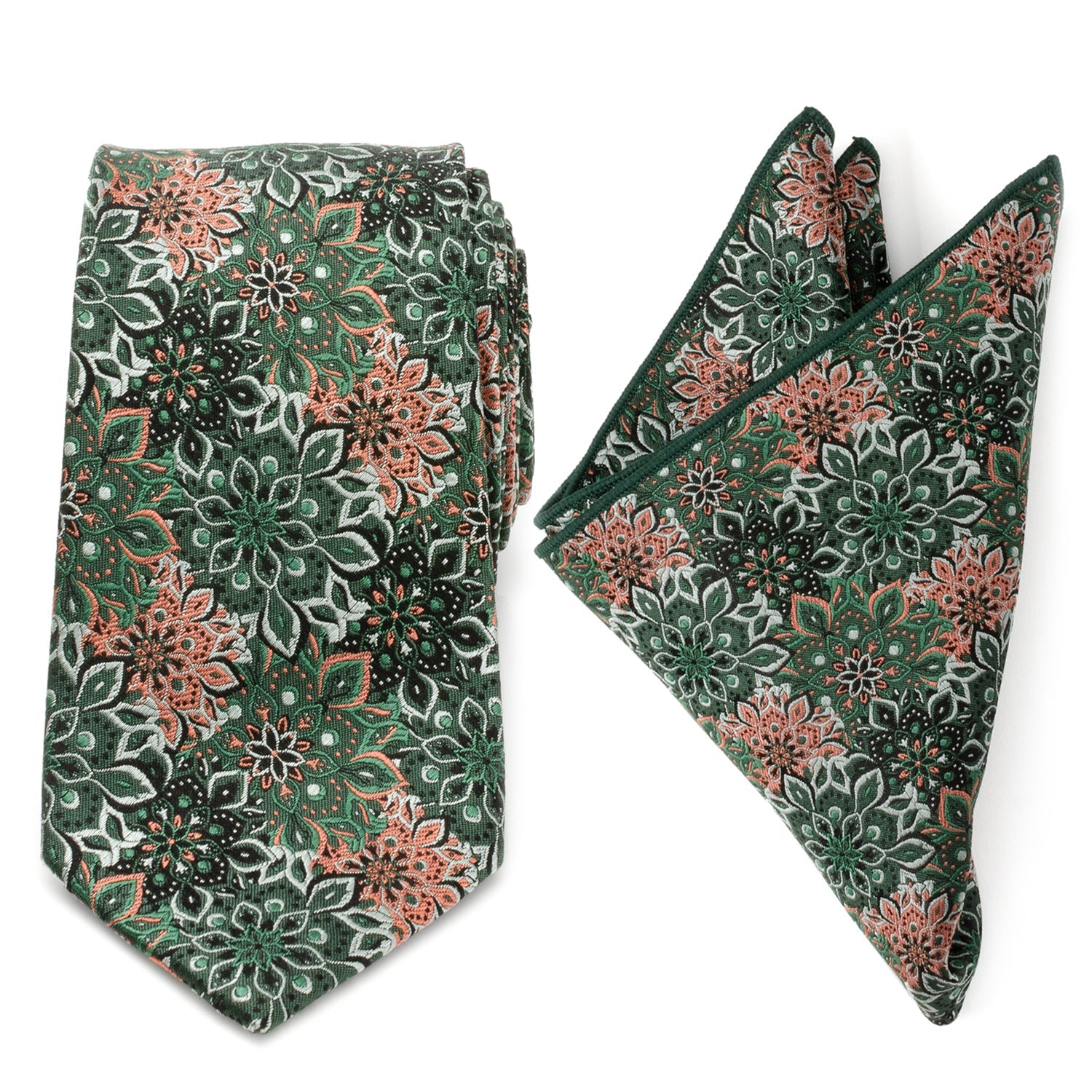  Cufflinks Green Floral Tie and Pocket Square Gift Set - Default Title - Bonton